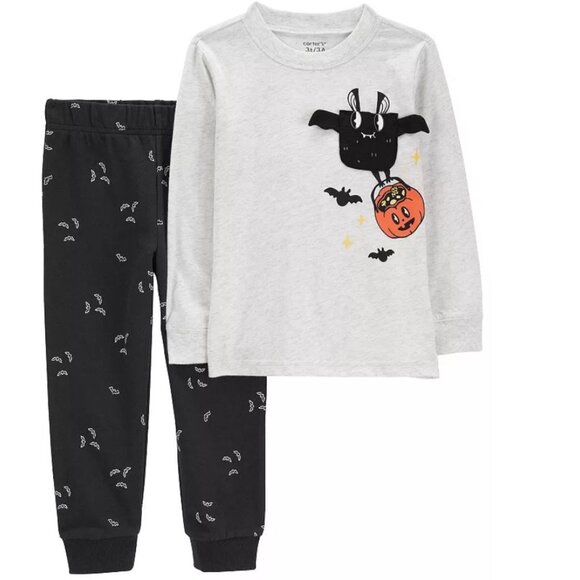 Boys 5 Pc Halloween Set 18 mths Shirts, Bodysuit & Sweatpant Black Gray Bats - Picture 2 of 9